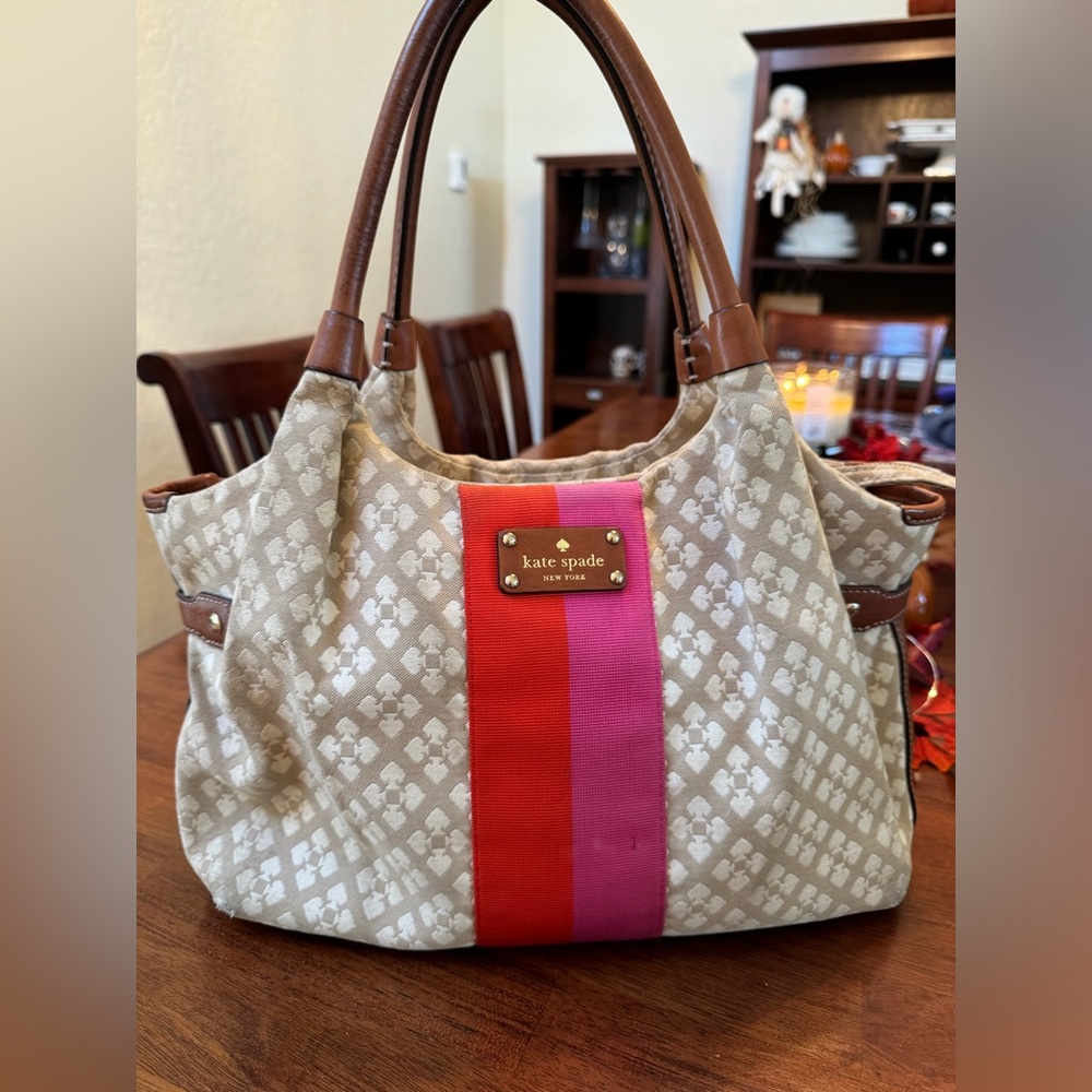 Kate Spade flower jacquard purse tan pink orange stripe